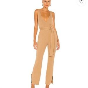 Majorelle Deep V Ribbed Jumpsuit stretchy in Camel Small flare tie waist
